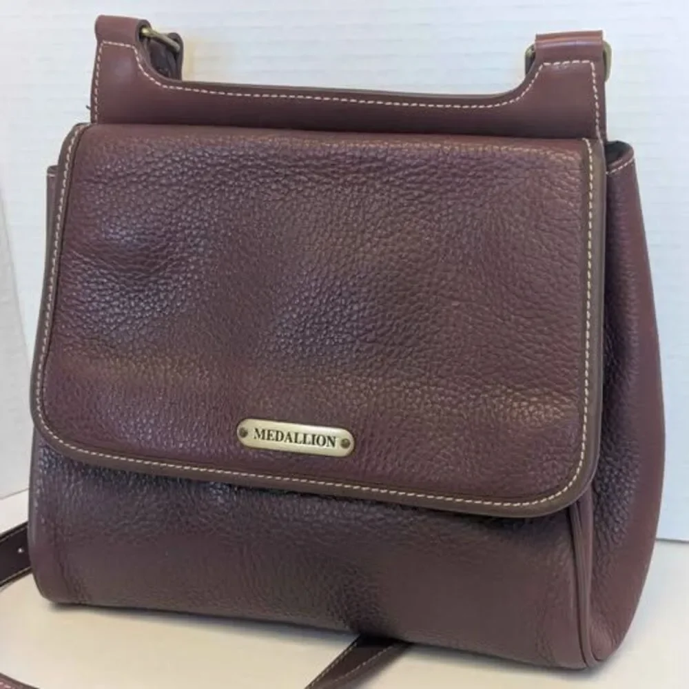 Maroon Medallion Thick Cut Leather Crossbody Bag Purse 10x9x3